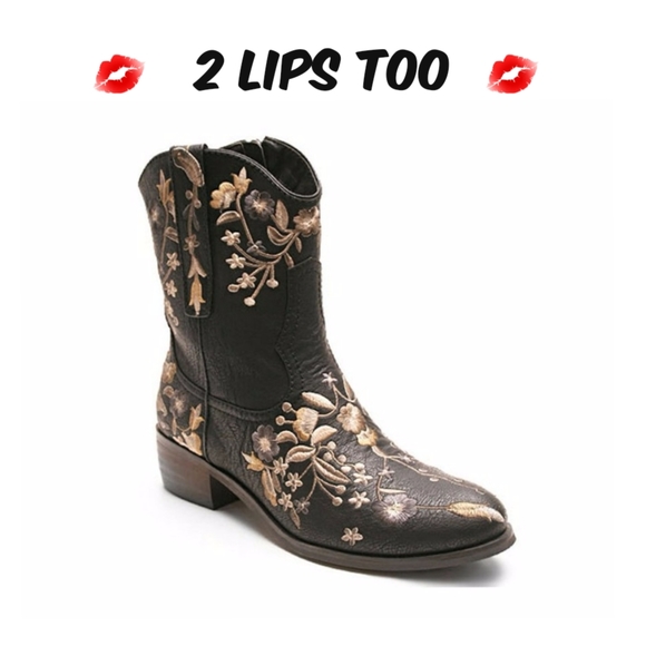 2 Lips Too Shoes - 2 Lips Too Flower Embroidery Too Kicker Boot in Black & Brown Sz 7.5